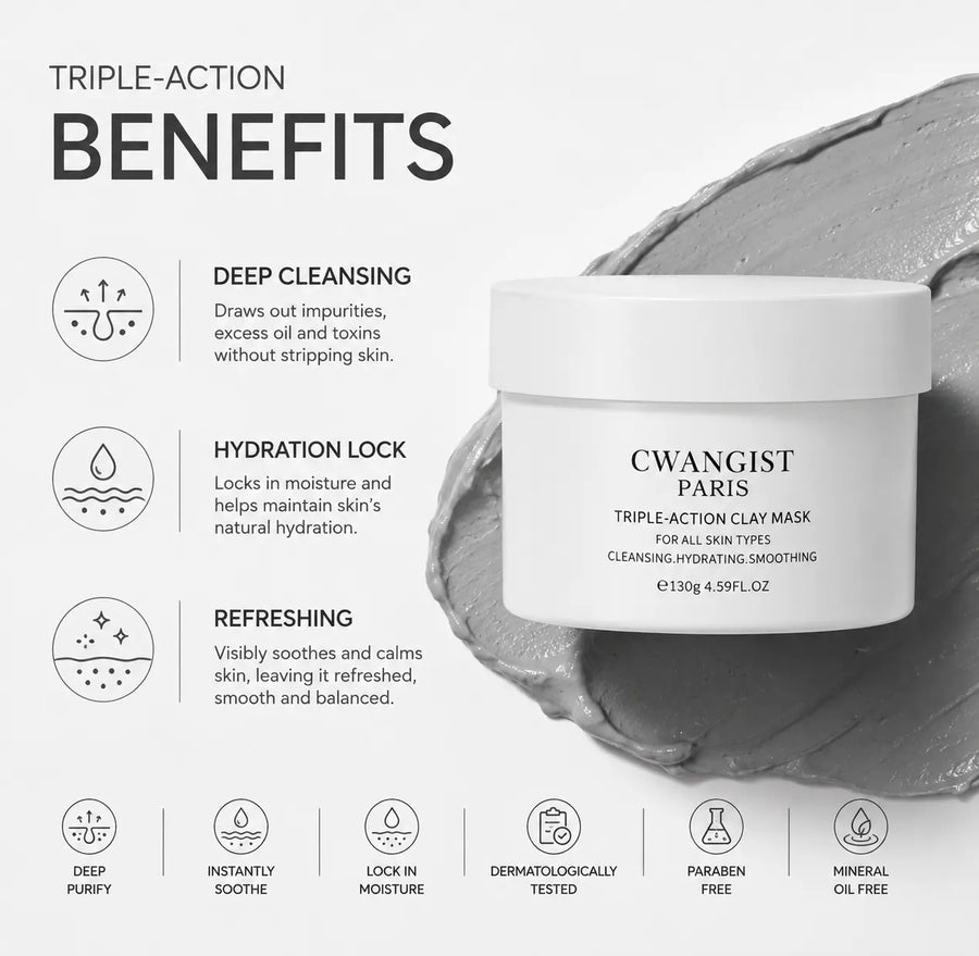 CWANGIST PARIS Clay-Based Facial Mask - French Lab-Developed for Oily & Combination Skin, 10-Minute Weekly Reset with Triple-Action Detox, Cleansing, Moisturizing, Blackhead Removal for Clean, Fresh, Soft Skin, 4.59 Fl Oz, Non-Toxic, Unisex