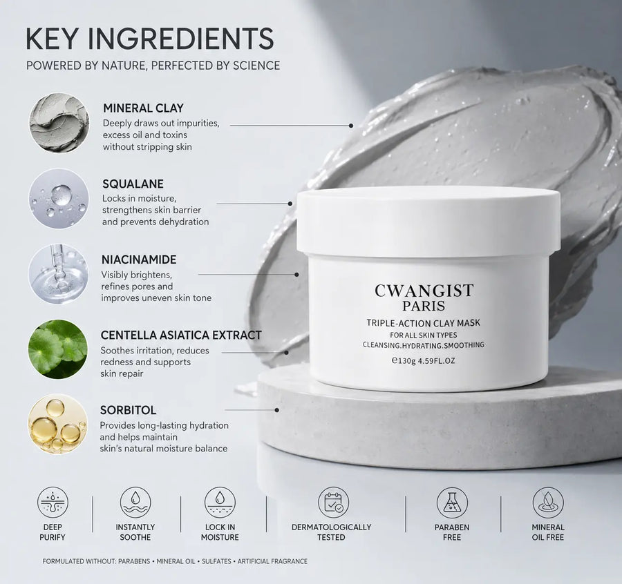 CWANGIST PARIS Clay-Based Facial Mask - French Lab-Developed for Oily & Combination Skin, 10-Minute Weekly Reset with Triple-Action Detox, Cleansing, Moisturizing, Blackhead Removal for Clean, Fresh, Soft Skin, 4.59 Fl Oz, Non-Toxic, Unisex
