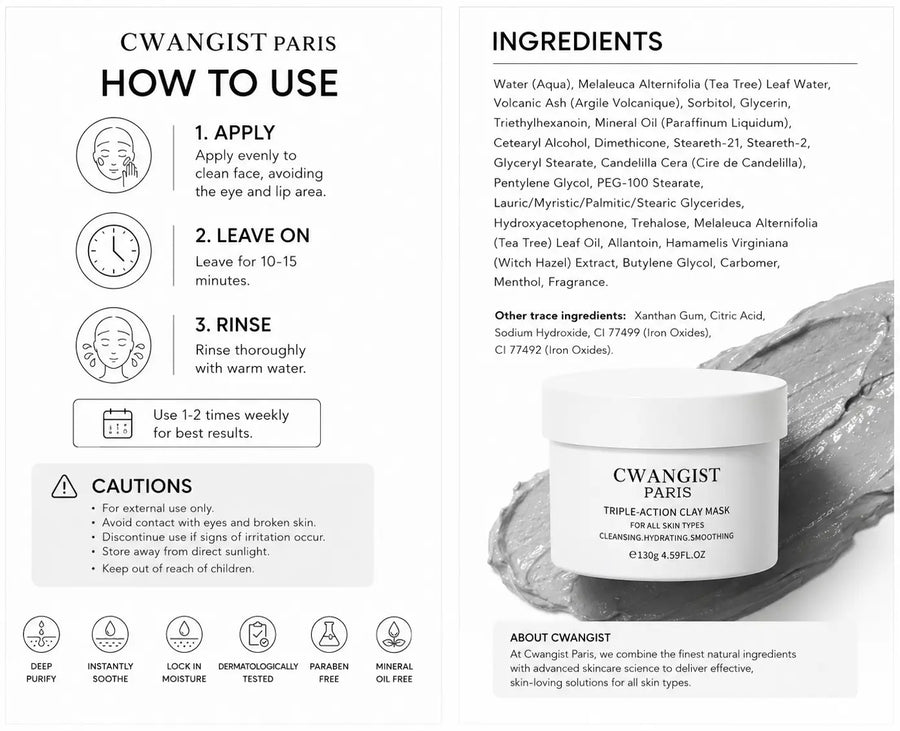 CWANGIST PARIS Clay-Based Facial Mask - French Lab-Developed for Oily & Combination Skin, 10-Minute Weekly Reset with Triple-Action Detox, Cleansing, Moisturizing, Blackhead Removal for Clean, Fresh, Soft Skin, 4.59 Fl Oz, Non-Toxic, Unisex